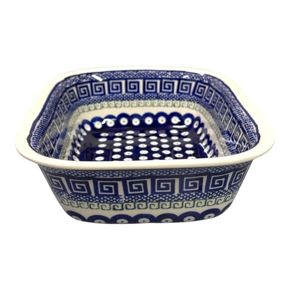 Boleslawiec Polish Pottery Peacock Baking Dish Loaf Pan Blue Red Dots Signed - Picture 9 of 10